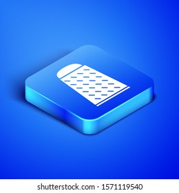 Isometric Grater icon isolated on blue background. Kitchen symbol. Cooking utensil. Cutlery sign. Blue square button. Vector Illustration