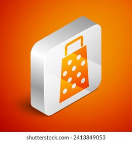 Isometric Grater icon isolated on orange background. Kitchen symbol. Cooking utensil. Cutlery sign. Silver square button. Vector