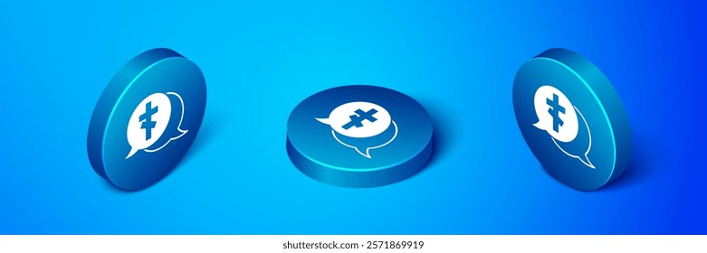 Isometric Grave with cross icon isolated on blue background. Blue circle button. Vector