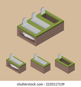 Isometric Grave pack, open grave, filled grave man inside gave vector illustration