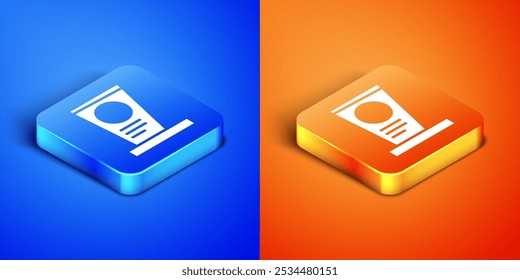 Isometrisches Grab mit Grabsteinsymbol einzeln auf blauem und orangefarbenem Hintergrund. Quadratischer Knopf. Vektorgrafik