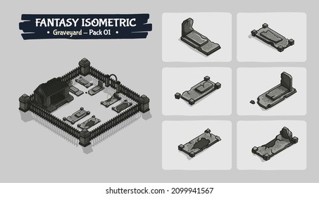 Isometric  Graveyard Fences  Fantasy game assets - Vector Illustration