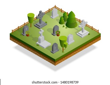 Isometric graveyard isolated vector. Nice cemetery with various gravestones, tombstones, crosses, memorials and monuments surrounded with lawn, trees and flowers. Dia de los Muertos, Halloween, Easter