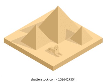 Isometric Great Sphinx including pyramids of Menkaure and Khafre in white background. Giza, Cairo, Egypt. Egyptian pyramids tourism vector concept.