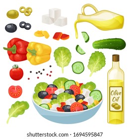 Isometric greek salad vector illustration. 3d cartoon healthy food menu ingredients, lettuce salad leaf, cheese feta, fresh vegetable. Cooking greek appetizer, vegetarian lunch set isolated on white