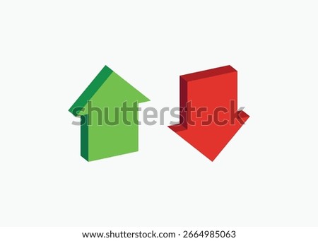 Isometric green up arrow and red down arrow vector. Perfect for stock market trends, business growth and decline, financial analytics, investment reports, and economic performance infographic design