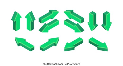 Isometric Green Arrows Set. 3d arrow icon collection isolated on white background. Vector illustration for app, web, design, advert, infographic