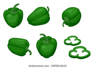 Isometric green bell peppers are fresh vegetables commonly used in salads. They add crunch, and a mild, sweet flavour to dishes. Red pepper is a vibrant vegetable used in cooking