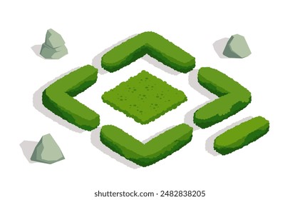 Isometric green bush. Icon with trimmed garden plant with leaves and branches. Organic element of park landscape. Cartoon 3D vector illustration isolated on white background