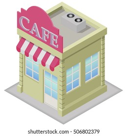 Isometric green cafe building on a white background. Building icon in the isometric projection. Vector illustration.