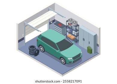 Isometric green car parked in a tidy garage with spare tires, tools, and storage shelves. Organized for vehicle maintenance and storage efficiency