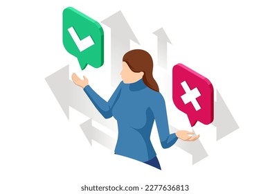 Isometric Green Check Mark and Red Cross. Woman and Symbols YES and NO Button for Vote, Decision, Web