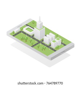 Isometric green city on smartphone screen vector illustration, ecology clean smart city concept, buildings and landmarks, green park with tree 3d picture