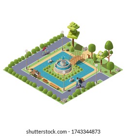 Isometric green city park with people, pond, bridge, plants, benches and fountain in centre vector illustration. A zone of rest and relaxation for family. Outdoor public park concept with characters