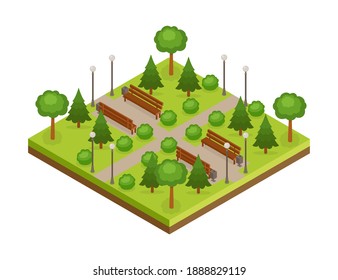 Isometric Green City Park With Trees, Alleys And Benches, Vector Illustration