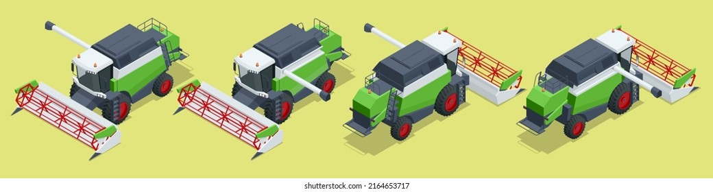 Isometric green Combine harvester isolated on white. Combine harvester harvests ripe wheat. Agriculture concept. Reaping, threshing, gathering, and winnowing