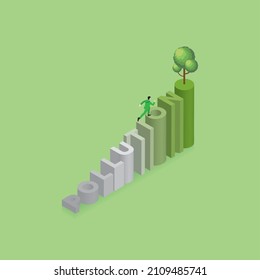 Concepto isométrico verde de preocupación ambiental, Día de la Tierra, crecimiento, salvar el planeta, Eco amigable. Un hombre corre y sube una palabra de texto CONTAMINACIÓN con gradación de colores y un árbol en la parte superior de las escaleras.