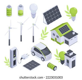 Isometric green energy, 3d alternative energy sources. Solar panels, electric car, wind generator and windmills, solar battery vector illustration set. Renewable energy elements collection