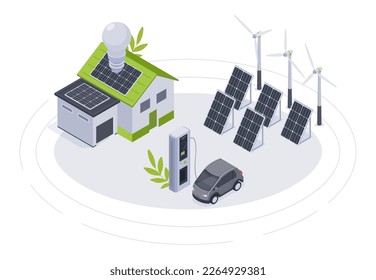 Concepto de energía verde isométrica. Energía solar y eólica alternativa, automóviles eléctricos de energía renovable, edificios residenciales y paneles de baterías solares Ilustración vectorial 3d