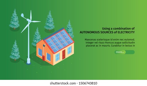 Isometric green energy horizontal banner with slider button editable text and image of smart house in forest vector illustration