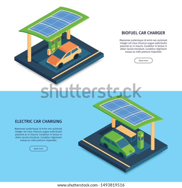 Isometric\
green energy horizontal banners set with editable text with buttons\
and electric cars on charge vector\
illustration