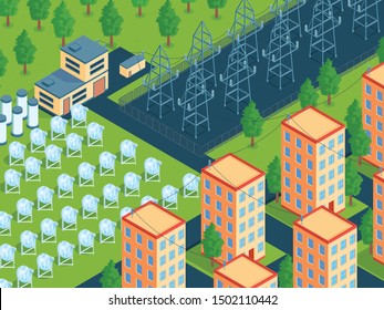 Isometric green energy horizontal composition with town block and field of solar arrays with power lines vector illustration