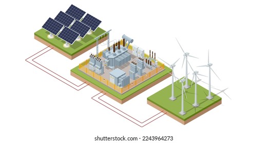 Isometric Green energy industry. Smart city with wind turbines, solar panels, tank containers and battery. Sustainable renewable power Wind turbines generate electricity.