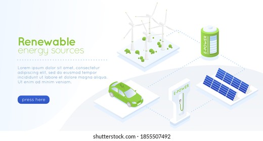 Isometric green energy landing page. Distribution alternative renewables electricity sun battery panel and windmill, power supply generation, save environment eco concept vector horizontal banner