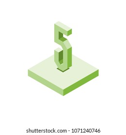 Isometric green five icon on square, 3d character, vector eps10