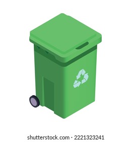 Isometric green garbage bin with recycling symbol 3d vector illustration