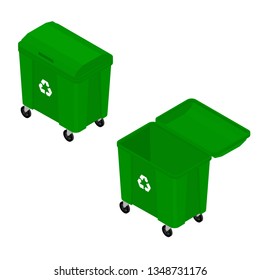 Isometric green garbage trash bin can dustbin container isolated on white background