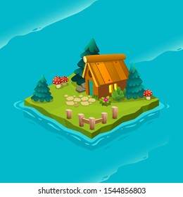 Isometric green island with hut. Vector cartoon illustration for computer games.