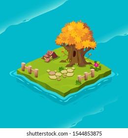 Isometric green island with oak. Vector cartoon illustration for computer games.