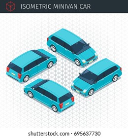 Isometric green minivan car. 3d vector transport icon. Highly detailed vector illustration