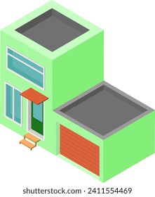 Isometric green modern house with garage. Residential building 3D icon. Modern architecture and real estate vector illustration.