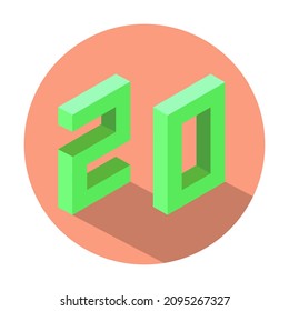 Isometric green number 20 with shadow in Light Salmon color circle. Vector illustration