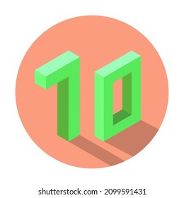 Isometric green number 70 with shadow in Light Salmon color circle. Vector illustration
