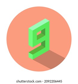 Verde isométrico número 9 con sombra en círculo color Salmón claro. Ilustración del vector