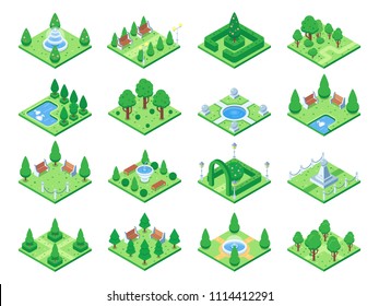 Isometric green park or garden trees. Fountain and bushes, benches and pond. 3d isometric city map, urban landscape vector elements