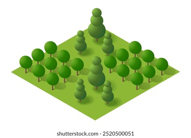 Isometrischer grüner Parkplatz mit verschiedenen Bäumen, die auf Wiese wachsen, Naturlandschaft für Spieldesign