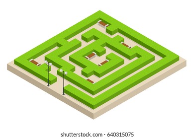 Isometric Green plant maze. City, park and outdoor plants. Rectangular park is a labyrinth made of bushes with benches for rest. Vector illustration