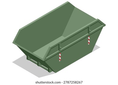 isometric green skip dumpster isolated on a light background, showing an industrial waste container for construction debris, bulk disposal and municipal cleanup service concept