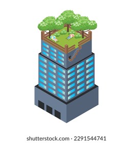 isometric green skyscraper with rooftop park and wooden poles. vector illustration isolated on white background.Sale and rental of real estate. Big building concept. big city architecture