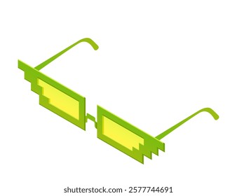 Isometric green sunglasses with a pixel style, retro 8-bit design. Vector illustration isolated on white background