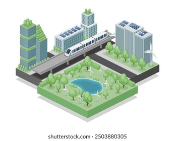 isometric green sustainable city. urban forest, green building included architecture, green roof, solar cell, trees, windmill, landscape. flat illustration vector isolated on white background