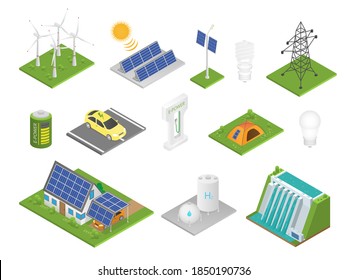 Isometric green technologies. Innovative eco industry collection, alternative energy sources sun battery panel and windmill, replenishable resources and recyclable waste ecological vector isolated set