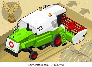 Isometric Green Thresher at Work in Rear View.