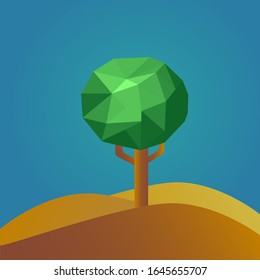 Isometric green tree against blue background. 