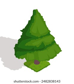 Isometric green tree. Icon with evergreen pine with needles. Wild forest spruce or fir. Plant for park landscape. Nature and environment. Cartoon 3D vector illustration isolated on white background