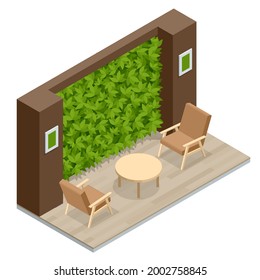 Isometric Green Wall in Office. Comfortable Sofas and Green Plants. Rest Area at the Front Desk of the Modern Office.